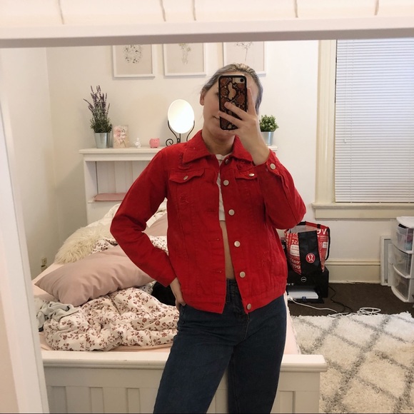 Nasty Gal Jackets & Blazers - red distressed jean jacket